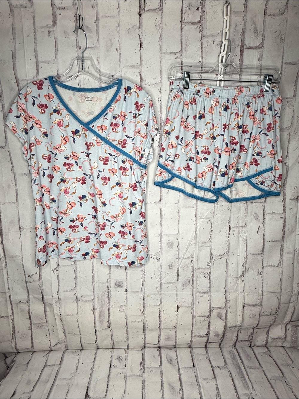 Garnet Hill Asian Wrap Pajama Set Size M Blue Floral Short Sleeve Shorts Lounge